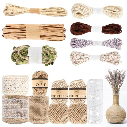 Ticeed 16 Stück Juteband Spitze Schnur Set Sackleinen Spitzenband Natürliche Sackleinen Jute Band Rolle DIY Garten Kordel Geschenkband zum Basteln Bastelschnur für Handwerk Hochzeit DIY Basteln