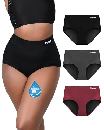 TIICHOO Culotte Menstruelle Flux Tres Abondant Doux Taille Haute Absorbante Culotte Regle Lot de 3(S, Bourgogne/Noir/Gris)
