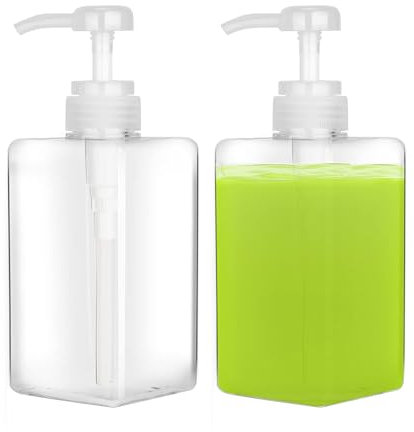 2 PCS Refillable Square Plastic Lotion Dispenser,Empty Lotion Pump Bottle,Plastic Soap Dispensers,Pump Bottle Dispenser,Empty Refillable Liquid Container for lotion,shampoo,shower (450ml, Clear)