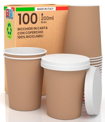 Set di 100 tazze da caffè per l'avana 200 ml con coperchio in carta - bevande calde e fredde biologiche biodegradabili - tazze usa e getta colorate + 100 coperchi con beccuccio