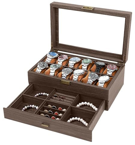 CeiBand Caja de reloj de 2 capas, PU Cuero Caja de Joyería Reloj 12 compartimentos y 1 cajón para Anillos Pulseras y Relojes para Hombres Mujeres (34 * 21 * 13cm)