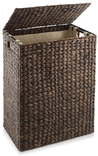Casafield Large Laundry Hamper with Lid and Removable Liner Bag - Espresso Dark Brown, Woven Water Hyacinth Rectangular Laundry Basket Clothes Sorter