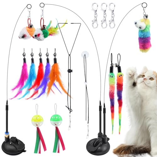 Interaktives Katzenspielzeug Angel mit Feder- 20 STK Katzenspielzeug Selbstbeschäftigung Intelligenz Spielzeug für Katzen,Cat Toys Katzenangel mit Saugnapf Stabil für Kitten Katzen,3 Interaktive Modi