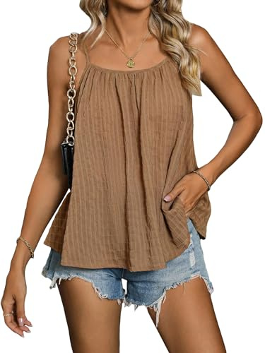 SweatyRocks Women's Summer Tank Top Spaghetti Strap Pleated Camisole Sleeveless Loose Cami Tops Brown Medium