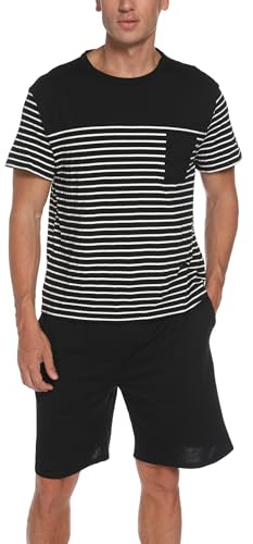 Reliwel Pyjama Homme Court Coton Ete Rayures Ensembles de Pyjama Short Homme à Col Rond Pyjamas à Manches Courtes pour Hommes Vêtements de Détente Homme Pijama Courte Hommes Deux Pièces