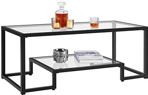 Yaheetech Coffee Table, 2-Tier Tempered Glass Coffee Table with Storage Shelf & Metal Frame, Modern Rectangle Center Tea Table for Living Room, Home, Office, Black