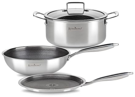 Rosmarino HexaPro 2.0 Edelstahl Kochset – Enthält Bratpfanne, Topf und Pfannen, alle antihaftbeschichtet, ergonomisch, kratzfest, ofenfest bis 220°C und für Induktionsherde geeignet