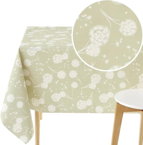 KP HOME PVC Table Cloth Wipe Clean Tablecloth Oilcloth Sage Green Dandelion Pattern Wipeable Table Cloth Waterproof Table Cover 140 x 140 Vinyl Tablecloths Square 4 Seat Table Cloth 55 x 55