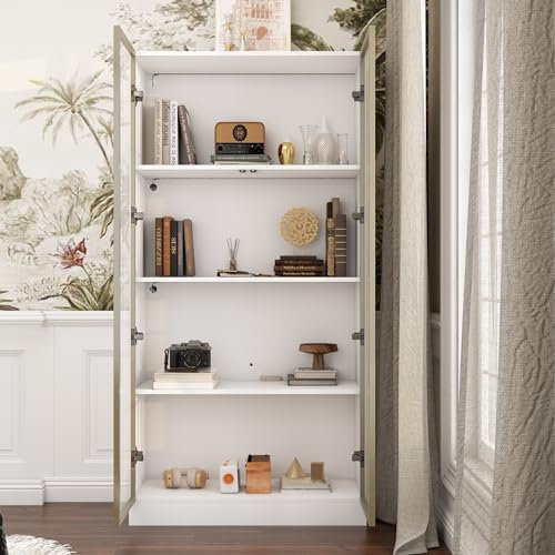 Glasvitrine Vitrinenschrank mit Glastüren und Beleuchtung, Glasvitrine Stehend mit 4-stufigen Einlegeböden, Pop-up Design,Vitrine weiß,gehärtetes Glas （einzeln 40T x 160B x 80H cm