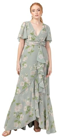 Anaya with Love Dam maxi klänning dam wrap V-hals fladdrande ärm rufsig A-linje brudgum gäst tillfälle Prom Ball Gown, blommig salvia grön 44, Sage Green Floral, 42