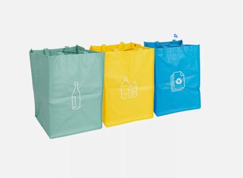 MantraRaj 3Pcs Colour Recycle Bags Set of 3 Recycling Bin Bags Heavy Duty Reusable Pack With Strong Handles Plastic Glass Paper Bins For Paper, Glass & Plastic Storage Bin Bag Sack