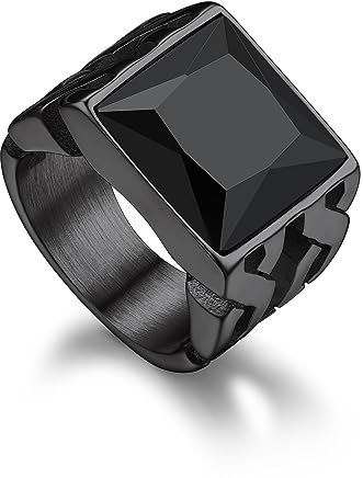 Bandmax Ring Schwarz Herren Siegelring Edelstahl Wikinger Ringe Damen Größe 57mm Ring mit Stein 14MM breit Onyx Ring Bandring Accessoires Wikinger Modeschmuck