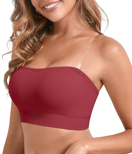 Women's Padded Bandeau Sports Strapless Bra Wireless Yoga Workout Tube Top Bralette Red Medium