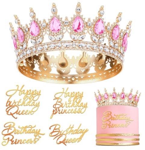Otuuz Couronne d'Anniversaire pour Femmes Filles Couronne de Princesse pour Gâteaux Diadème de Reine avec 4 Décorations de Gâteaux Happy Birthday Diadème d'Anniversaire(Doré et Rose)