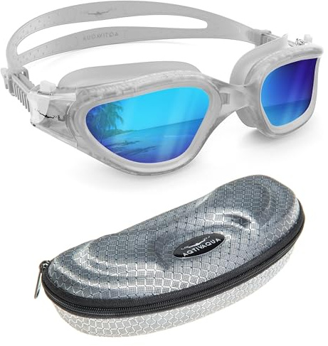 AqtivAqua DX-R Lunettes de natation polarisées pour adultes et enfants de 6 à 14 ans pour homme et femme Blanc transparent, boîtier argenté, verres polarisés + miroir