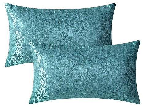 CaliTime Juego de 2 Fundas de cojín para sofá, decoración del hogar, diseño Vintage de Damasco Floral Brillante y Opaco Contraste, 30 x 50 cm, Color Verde Azulado