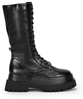 BOSANOVA Botas Militares Altas con Suela Track y Cordones. Cierre con Cremallera Interior. Calzado para Mujer Negro 39