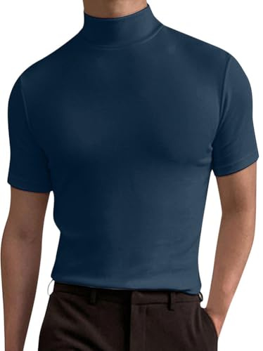 seiveini T-Shirt Homme Manches Courtes à Col Roulé sous Pull Coupe Slim Léger et Respirant sous-Vêtement Basique Tee Shirt Printemps Été A Bleu L