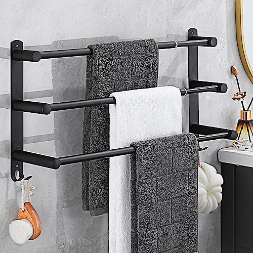 HONPHIER Inoxydable Porte-Serviettes de Salle de Bain 43-78CM Rétractable Porte Serviette Porte-Serviettes Mural pour Salle de Bain, Cuisine, Toilettes, Hôtel (Noir, 3 Couches)