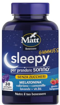 Matt, Sleepy Gummies, Pastiglie Gommose per Prendere Sonno a Base di Melatonina, Valeriana, Camomilla, Lavanda e Vitamina B6, Favorisce il Rilassamento e il Sonno, Gusto Lampone, 90g