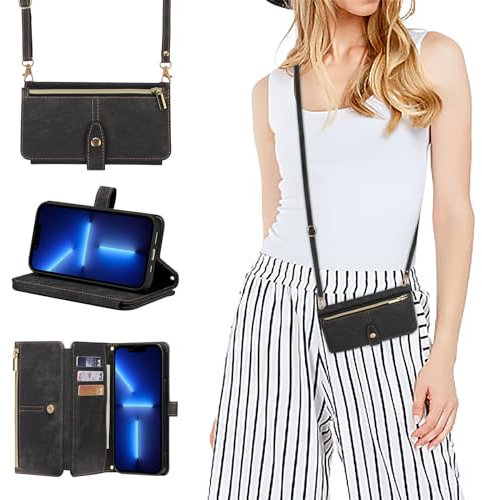 ZCDAYE Hülle für iPhone 15 Pro Max mit Band Handykette, Leder Handyhülle Handytasche mit Kartenfächern Frauen Brieftasche Klapphülle Tasche iPhone 15 Pro Max (6.7 inches),Schwarz
