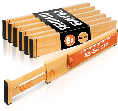 MUUKAIII Divisori per Cassetti Cucina Regolabili (43-56cm, Alti 6cm) 6 Pezzi Separatori per Cassetti in Bambù Divisori Cassetti per Organizer Cassetti per Armadio, Biancheria Intima, Naturale