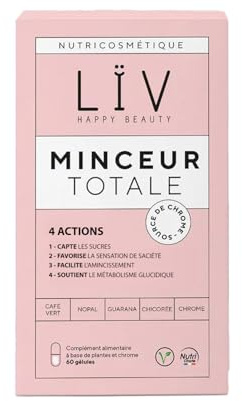 LÏV Happy Food - Complément Alimentaire Minceur - Favorise la Perte de Poids Action minceur à 360° et anti grignotage - Café Vert, Guarana & Chrome - 1 Mois - 60 Gélules