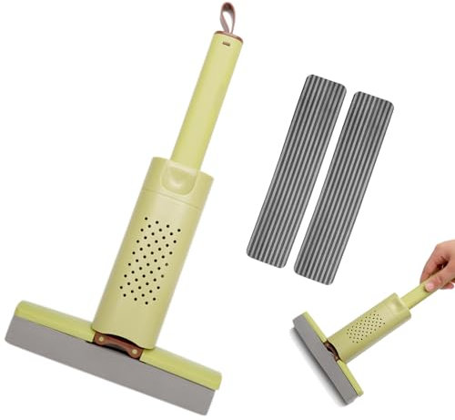 Mini Mop, Tragbarer Squeeze Mop Mit 2 Stück Moppkopf, Wischmopp Schwammmopp Handfreier Mit Auswringfunktion für Arbeitsplatte, Küche und Bad