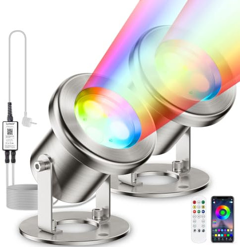 LyLmLe Teichbeleuchtung LED Unterwasser mit APP-Kontrolle, 6W RGB Poolbeleuchtung Unterwasser mit Transformator & Timer, IP68 Wasserdicht Teichlicht für Wasserfall Brunnen, Hellgrau Kabel(2 Lichts)