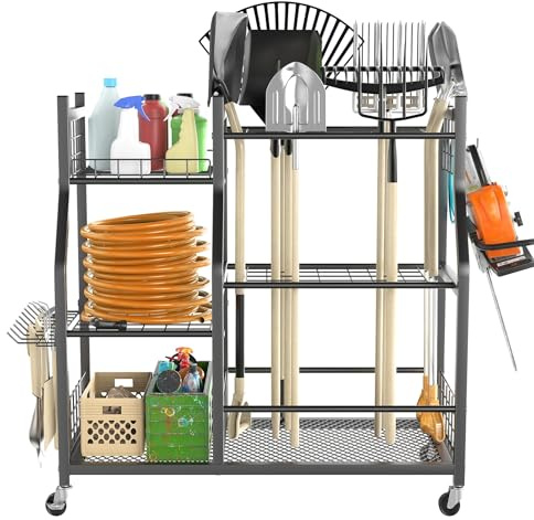 TORACK Garden Tool Organizer with Wheels, Rakes Shovels Yard Tools Stand for Garage, Shed, Garden, Indoor/Outdoor Long-Handled Tools Cart