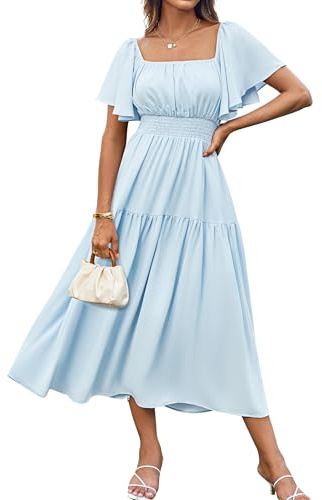 GRACE KARIN Robe Maxi Femme Chic Manches Courtes Bouffantes Col Carré Taille Élastique Robe de Cérémonie Bleu Clair M