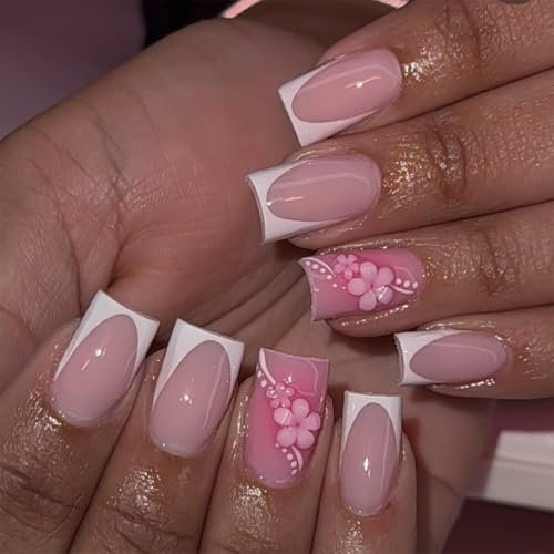 Faux Ongles Court MouyouGlow,Carré Rosa Blanc French 3D Fleurs Floral Été Press on Nails avec Colle à Ongles,White Tips Pink Flowers Sweet INS Fake Nails
