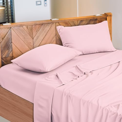 NARCISO - Lenzuola Matrimoniali 100% Cotone Made in Italy, Completo Letto Matrimoniale Composto da 1 Lenzuolo Sotto con Angoli 180x200, 1 Lenzuolo Sopra 240x290, 2 Federe Cuscini 50x80cm (Rosa Chiaro)