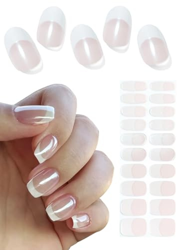 Unghie Gel Adesive UV,20 PCS Francese smaltato,Puro Pellicola per Unghie Autoadesiva