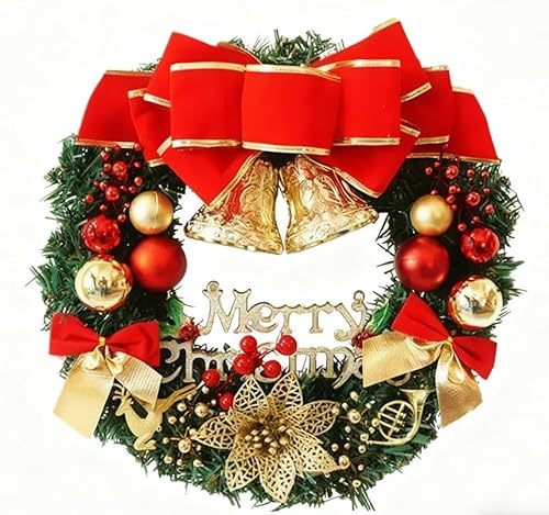 Peziang Christmas Wreath, Artificial Hanging Style with Berry, Gold Ball & Bow (30cm/11.8 Inch) Christmas Garland– Indoor/Outdoor Decor for Front Door, Wall & Fireplace