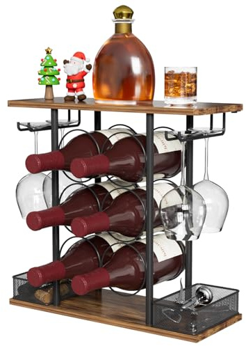 NEYCIL Portabottiglie da tavolo, adatto per 6 bottiglie di vino e 4 bicchieri, scaffale indipendente, per la conservazione in da cucina, home bar e ristoranti, organizer per vini in legno (nero).