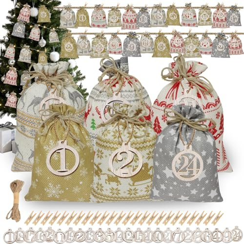 Diy Bolsitas Calendario Adviento Para Rellenar,Tela Calendario Adviento Vacio Bolsas,24 Bolsas De Navidad Con Etiquetas De Números De Madera,Relleno Chuches Papeleria Juguete Chocolate Para Niños