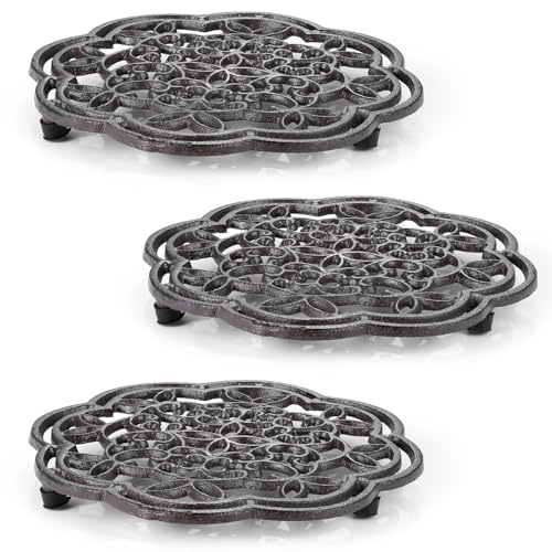 3 Pack Cast Iron Trivet, 7.7 Inch Round Heavy Duty Rustproof Trivets for Hot Pots & Pans – Heat Resistant Metal Pot Stand with Rubber Feet for Kitchen, Dining Table, Countertop–Vintage Farmhouse Decor
