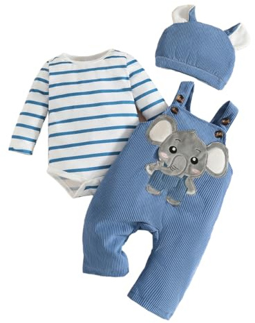 LUVCES Vestiti Set per Neonati Maschi Tutina a Righe a Maniche Lunghe + Pantaloni con Bretelle di Animale + Cappello 3 Pezzi Set di Abiti Autunnali e Invernali 3Pcs Elefante a strisce blu 6-12 Mesi