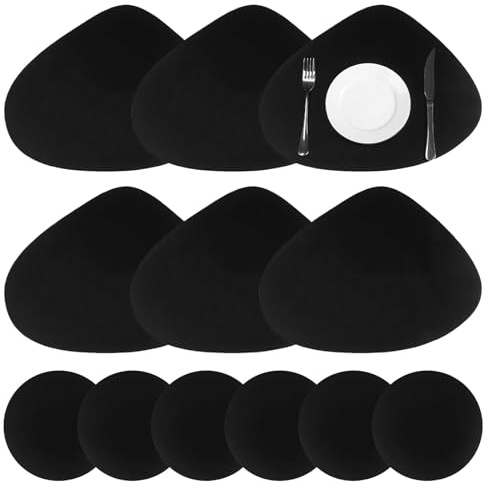 Tovagliette in Pelle e Sottobicchieri Set da 6 Pezzi Tovaglietta Lavabili Sottopiatto Ovale, Impermeabile, Antiscivolo, Adatto per Cucine Domestiche, Ristoranti, Hotel 42x33,5 cm (Nero)