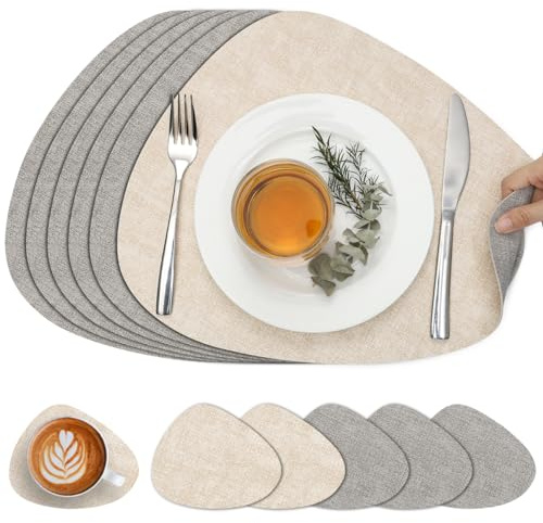 Chitomars Placemats and Coasters Set of 6 Dual Sided Faux Leather Table Mat | Heat Resistant Washable Place Mats Non Slip Waterproof Leather Placemat for Dining Indoor Outdoor (Light Grey Cream-White)