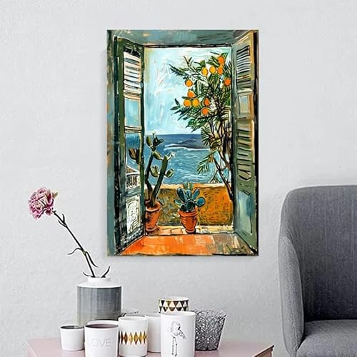 Öppet fönster Henri Matisse Canvastavla Poster Henri Medelhavet Apelsinträd Kustutsikt Heminredning (80x120cm/Utan ram)