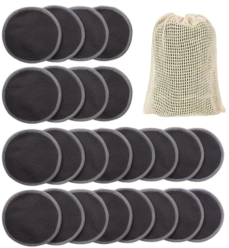 24 Pcs Reusable Makeup Remover Pads, Washable Bamboo Charcoal Makeup Remover Pads, Double-Sided Face Cleaning Puff, Soft Cotton Wool Pads With Mesh Laundry Bag for All Skin Types