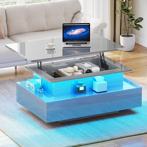 YITAHOME Coffee Table High Glossy with LED Strip, Lift Top Coffee Table with Storage for Living Room,Modern Wooden Rectangle Tea Table with 2 Drawers