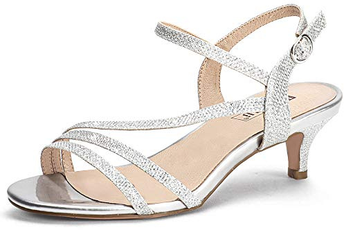 IDIFU Women's Dressy Strappy 2 Inch Low Kitten Heel Open Toe Sandals Dress Shoes for Woman Lady in Bridal Dance Evening(Silver Glitter, 6.5)