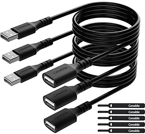 3 Pack USB Extension Cable 6 FT, USB 2.0 Type A Male to Female Extender Cord Adapter, Compatible with Printer, Keyboard, Mouse, Flash Drive, Hard Drive, Controller, Black Cable with 5 Cable Ties