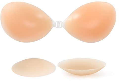 RELIRELIA Women's Sticky Self Adhesive Invisible Strapless Reusable Silicone Push Up Backless Bra, Nude, 30-40C