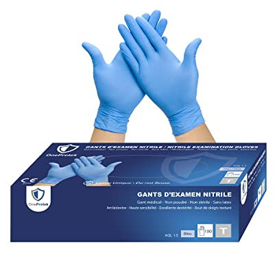 OneProtek Gants jetables en nitrile - Boîte de 100 gants jetables non poudrés - Taille L (Grande) - Bleu - Sans latex - Résistants et Protection contre les produits chimiques