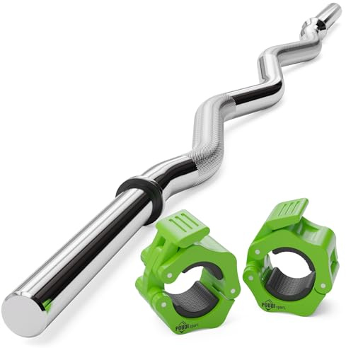 POUDI SPORT 1 EZ curl barra bilanciere in acciaio cromato 120cm | 2 Morsetti verdi per bilanciere + 2 anelli rimovibili | Ø 28mm