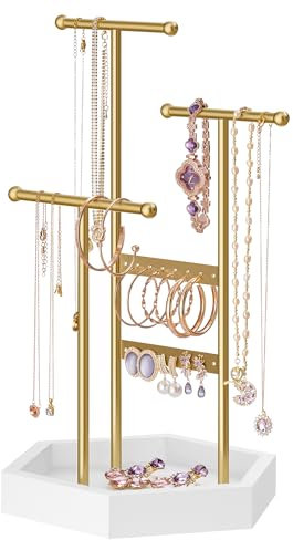 SONGMICS Jewellery Stand, Jewellery Organiser, 4 Independent Zones, Jewellery Display Stand with Metal Frame, Earring Bracelet Necklace Holder, for Rings, Gold and White JJS003A01